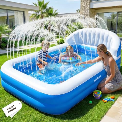 AixPool 2026 Inflatable Pool with Sprinkler,Durable Blow up Pool with Big Backrest, Rectangle Kids...