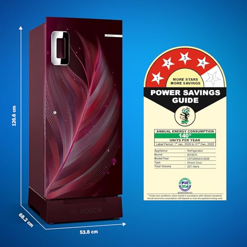 Image of Bosch 207 L, 4 star, Direct-Cool Single Door Refrigerator | 18 Hrs Cooling Retention | 2.5X Faster Cooling | Spacious Multi Box | XL Dry Storage | SuperFreeze (2026 model, CST20W34VI, Feather Wine)