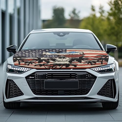 Image of American Flag Skull Design Car Hood Cover Elastic Polyester Vehicle Hood Flag Waterproof Sun-Proof Automotive Exterior Accessories for Most Sedans SUV Trucks Van