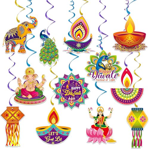 12Pcs Happy Diwali Decorations Diwali Banners Swirl Streamers Festival of Lights Deepavali Hanging Decor for Home Office Light Party Indian Festival Decorations