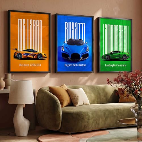Image of HOTHOUSE Big McLaren GT3, Bugatti W16 Mistral, Lamborghini Temerario Cars Framed Posters Gift Items for Boys Room Wall Decoration Bedroom Living Room Office Studio Decor | Set Of 3 Size (10 X 13 inch)