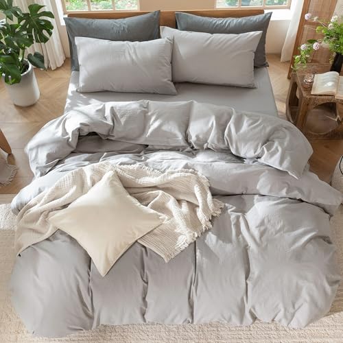 Image of MooMee Duvet Cover Set 100% Washed Cotton Linen Like King | Relaxed Linen-like Texture. Soft, Breathable & Long-lasting Comfort. Lightweight. Hidden Zipper with 8 Interior Corner Ties