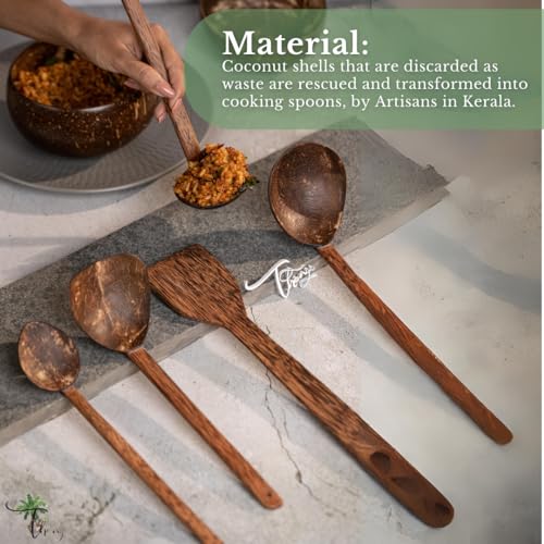 Image of Thenga Coconut Shell Cooking Utensils Spatula, Spoon & Ladles, Set of 5 | Smooth polished finish, safe for non-stick cookware and clay pots, ideal for stirring, serving and everyday cooking