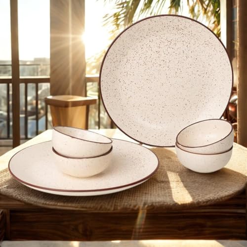 Image of Freakway Rustic Speckled Ceramic Dinner Set - 6 Pc (2 Plates, 4 Bowls) - Beige with Brown Rim