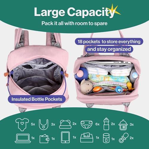 BabbleRoo-Diaper-Bag-Backpack-Baby-Essentials-Travel-Tote-Multi-function-Waterproof-Bag-with-Changing-Pad-Stroller-Straps-Pacifier-Case-Unisex-Pink