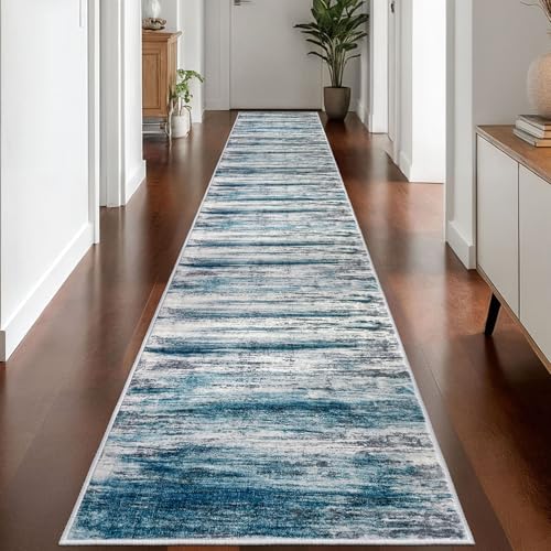 KOZYFLY Modern Abstract Hallway Runner Rug, 2.6x16 Washable Rug Runner Non-Slip Soft Striped Kitchen Runner Rugs, Print Distressed Blue Carpet Runner for Entryway Bathroom Laundry Room Foyer