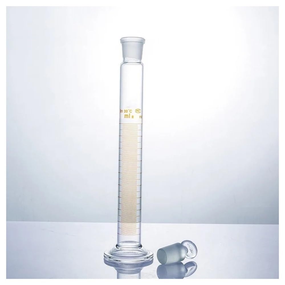 Cristalería de Laboratorio Probeta graduada de 250 ml con tapón de vidrio esmerilado y base redonda de vidrio.