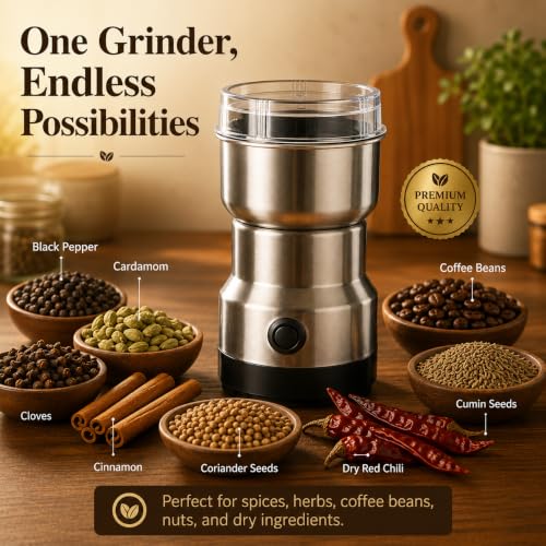 Image of KRESHU Electric Stainless Steel Spice Grinder, Multifunction Coffee Masala Grinder Machine with Sharp Blades, Dry Herbs Nuts Seeds Grain Grinder for Kitchen, Compact Mixer Grinder