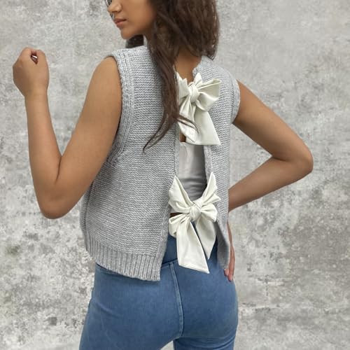 Womens Cute Bow Tie Open Back Cropped Sweater Vest Knit Tank Tops Y2k Girls Sleeveless Cardigan Pullover Shirts3