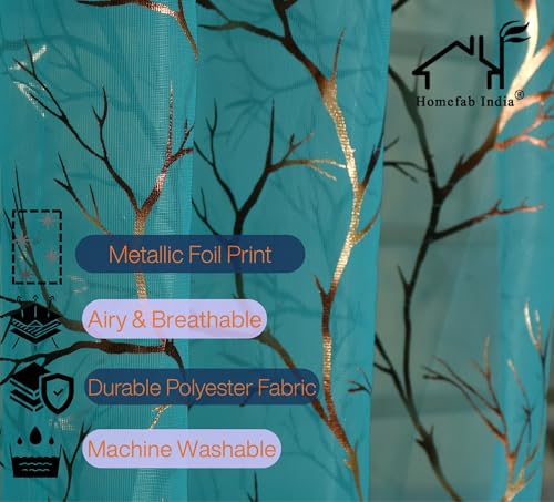 Image of Homefab India Multi Foil Transparent Sheer Curtain - 5 X 4 Feet, Window Curtains, Aqua Blue, Pack of 2 Pieces