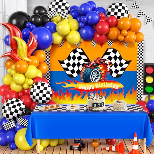 KELENO 131 Wheels Race Car Birthday Party Decorations Supplies, Racing Red Blue Yellow Black Balloons Garland Arch Kit Backdrop Tablecloth Checkered Foil Balloons, Boy Kid Girl Cars Party Decor