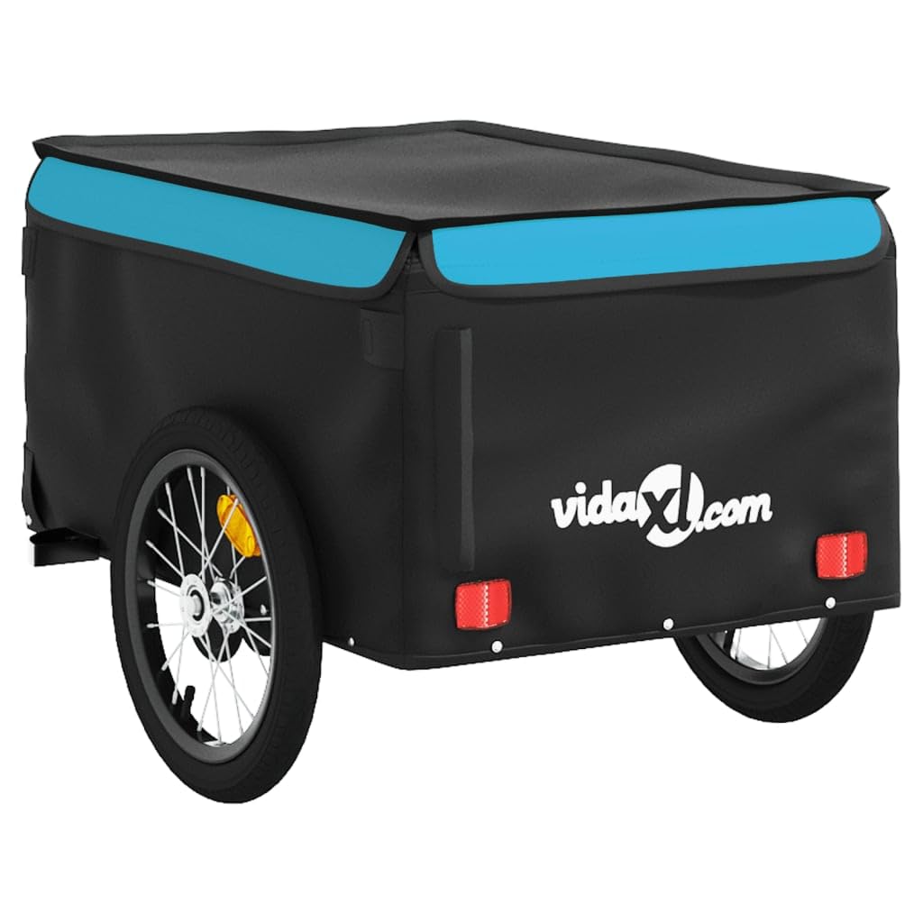 Rimorchio per bicicletta nero e blu in ferro con 45 kg, gancio di traino e bandiera di sicurezza, robusto per carichi bagagli, cani, bambini, all'aperto e vita quotidiana