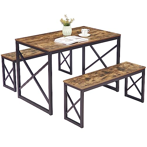 Image of VECELO Kitchen Table with 2 Benches for 4, Wood Dining Room Dinette Sets with Metal Frame for Breakfast Nook and Small Space, Rustic Brown