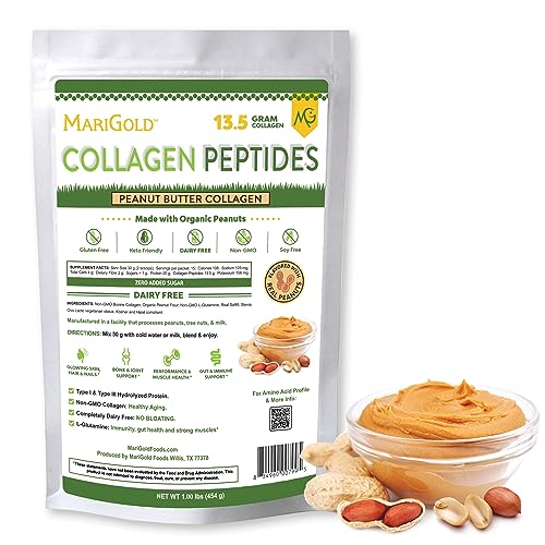MariGold Grass-fed Collagen Peptides Powder Peanut Butter 1LB - 100% Pure, Type I & III Bovine Hydrolyzed Collagen, Non-GMO, Hormone Free, Soy Free, Gluten Free, Dairy Free, Keto-Friendly
