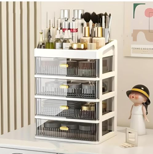 Image of JD Fresh 4 Layer Makeup Storage Organizer /Plastic Large Cosmetic Storage Box with Transparent Drawer /Vanity Countertop Skincare Organiser for Makeup, Perfume, Brushes & Beauty Accessories
