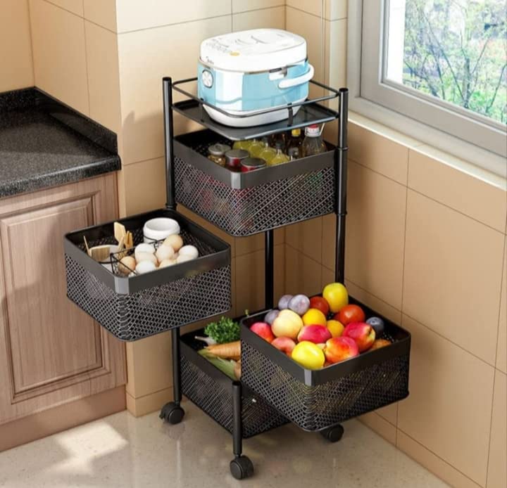 Trandy Creation Hub-Kitchen Trolley Black 3Layer for Kitchen Storage Rack Round Design Fruits & Vegetable Onion Cutlery Kitchen Trolley with Wheels (Black,Layer 3)