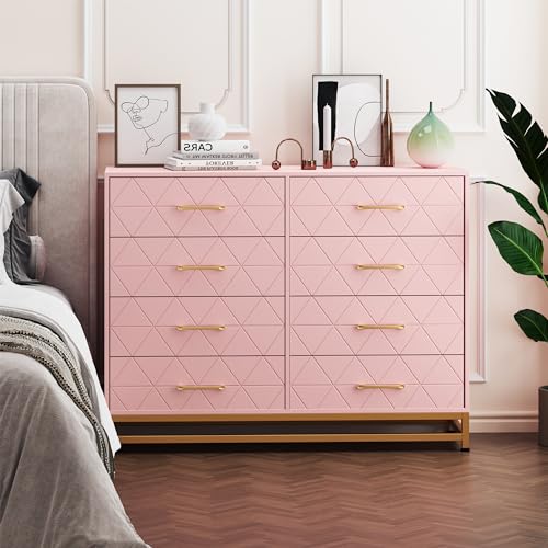 GarveeHome Dresser for Bedroom with 8 Drawer, TV Stand Dressers Chest of Drawers Large Wood Dresser for Storage and Organization (Pink)