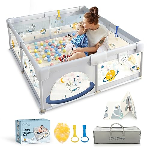Image of Baby Playpen with Mat, Space Themed Play Yard for Baby, Includes Foam Play Mat, 60 Colorful Balls, Pull Up Rings for Playpen, Durable, Large Foldable Playpen with Gate 50 x 50 x 25.5