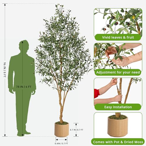 Olive Trees Artificial Indoor, 8ft Tall Artificial Olive Plants - Tall Faux Olive Tree with Planter, Fake Topiary Silk Tree with Natural Wood Trunk and Lifelike Fruits for Home Office Decor 1Pack