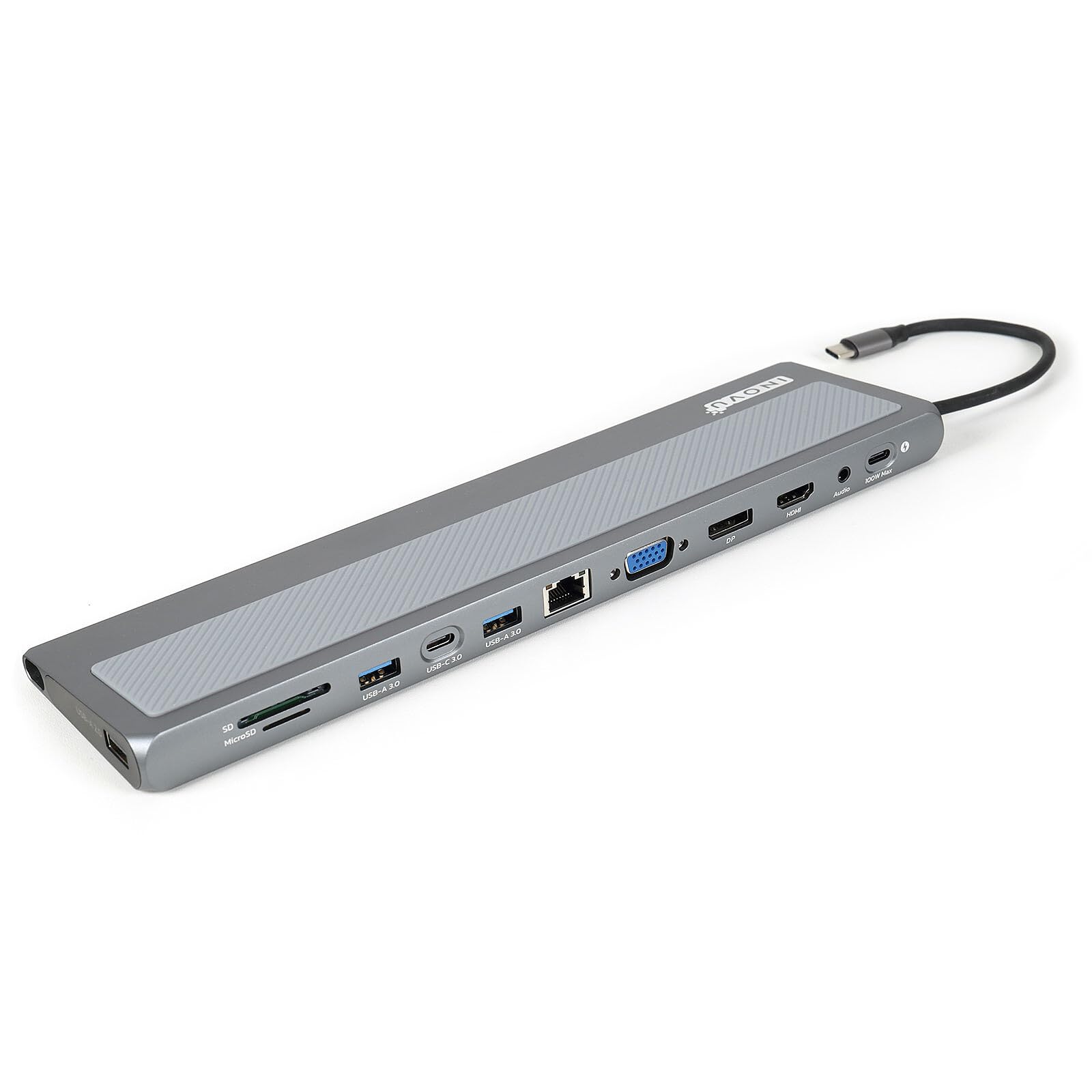 INOVU INST12CA3 - Station d'accueil PC USB-C 12 en 1 - HDMI/VGA/DisplayPort/USB 2.0 / 2X USB 3.0 / Ethernet/Audio/microSD/SD/USB-C/USB-C avec Recharge 100W - Câble 18 cm