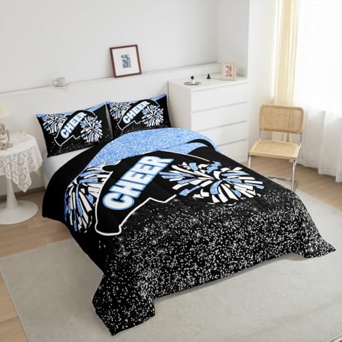 Image of Feelyou Glitter Cheer Comforter Set Toddler Size Blue Dreamy Girly Gymnastic Sports Comforter for Kids Boys Girls Gymnastics Lovers Bedding Set Cheer Sports Glitter Duvet Set Room Decor Quilt