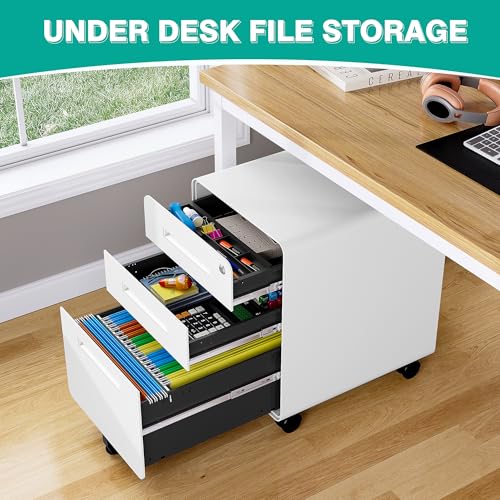 Image of 3 Drawer File Cabinet with Lock,Under Desk File Cabinet,White Rolling File Cabinets,Three Drawer Filing Cabinets for Home Office with Wheels,Fit A4 /Letter /Legal File,Fully Assembled Except Casters