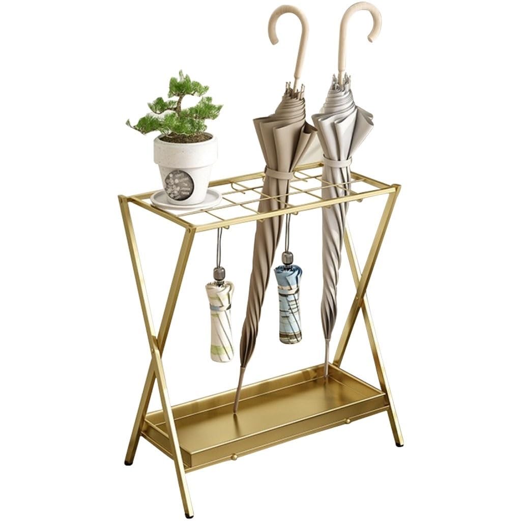 SBJKLYRN umbrella stand, Large Capacity, Household Umbrella Container, with Drain Tray and Hooks, for Living Room(Gold)
