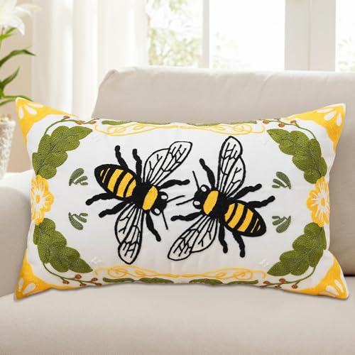 QIONG MENG Spring Pillow Covers 12x20 Inch Summer Bee Decor Lumber Embroidered Throw Pillowcases for Home Farmhouse Living Room Bedroom Summer Decorations