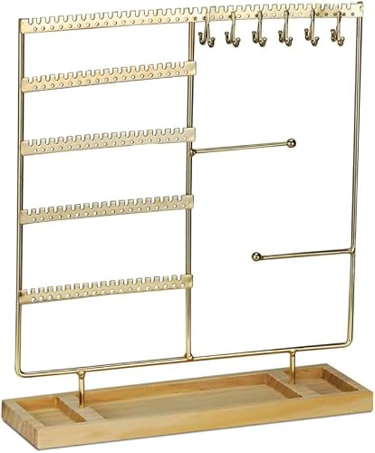 5 Tier Jewellery Organiser Stand with Wooden Tray, Gold Earring Holder Display Rack for Necklaces Rings Bracelets and Watches