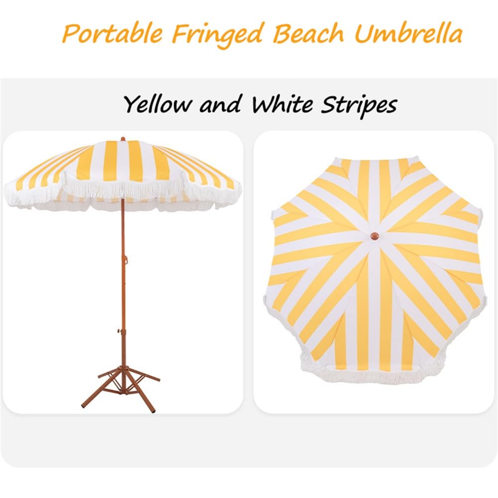 Ombrellone da Spiaggia con Frange da 200 cm, Strisce Gialle e Bianche, Inclinabile, per Piscina, Prato, Giardino e Terrazza, UPF 50+