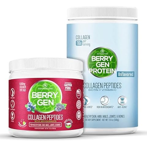 Berry Gen Restore Collagen Powder with Antioxidants + Unflavored Collagen Protein Powder with Biotin & Vitamin C Bundle – 30 Servings & 500g – Dual Action Formula for Joints, Skin, Hair & Nails – Powe Cover