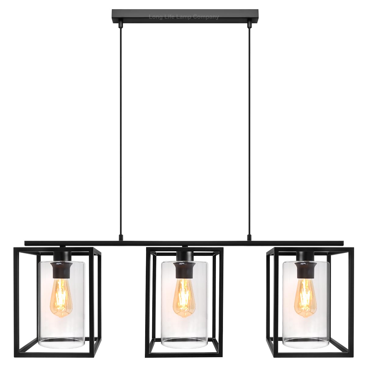 Long Life Lamp Company Black Rectangular Lantern Pendant Light Frame Clear Glass Cylindrical Ceiling Lamp Shade Modern 3 Light Pendant H3051