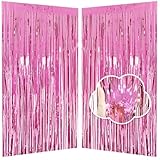 Pink Tinsel Backdrop Friendsgiving Party Decorations 3.3x8.2ft, 2 Pack Foil Fringe Curtains for Thanksgiving Decor, Door Streamers for Birthday Galentines Day Barbie Girl Princess Graduation Wedding