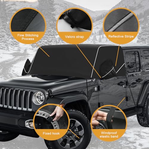 Image of MAIKER Winter Windshield Cover for Snow & Frost, 600D Oxford Fabric with Mirror Covers & Reflective Strips, Compatible with Jeep Wrangler JL JLU Gladiator JT 2018-2024
