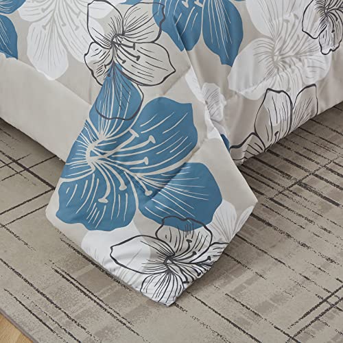 Menghomeus Floral Comforter Set Queen - 3 Piece Blue Floral Pattern Printed On Grey - Ultra Soft Microfiber Bedding Set Lightweight Boho Bed Comforter Set For All Season (1 Comforter, 2 Pillowcases) #TOP5