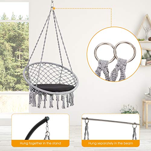 Giantex Hammock Chair Macrame Swing - Hanging Chair With Cushion And Hardware Kit, 330 Lbs Weight Capacity, Indoor Swing For Hammock Stand, Patio, Balcony, Living Room Hammock Swing (Grey) #TOP2