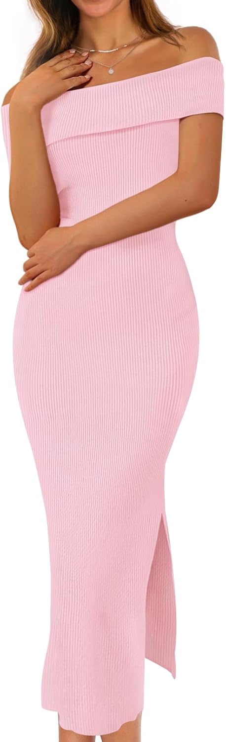 MEROKEETY Women's 2025 Off Shoulder Bodycon Midi Dress Summer Spring Formal Elegant Knit Sweater Dresses - Image 2