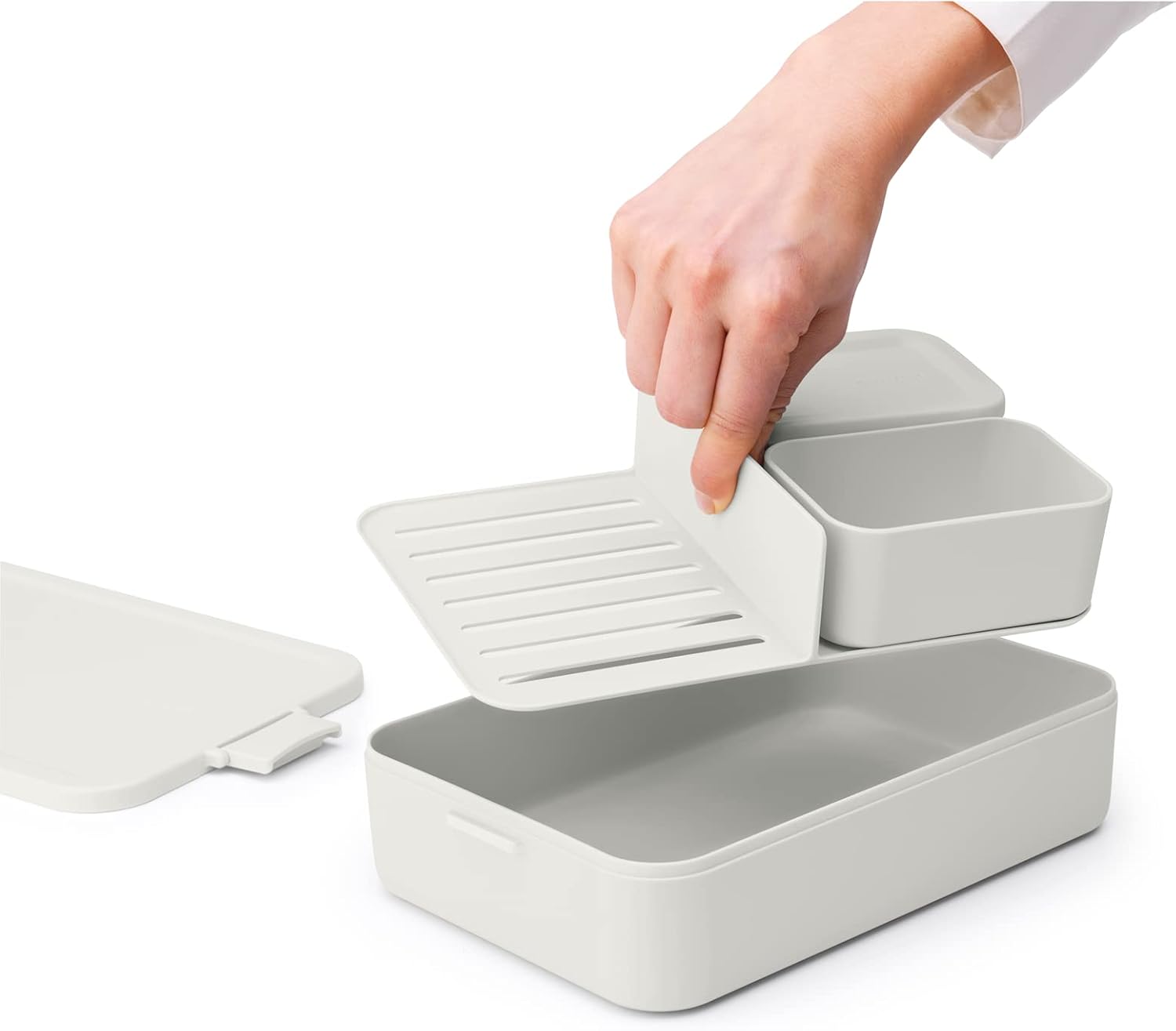 Brabantia Make & Take Bento Lunch Box (Light Gray) 2 Compartments & Lidded Pot, Lift-Out Tray Divider, BPA-Free, Airtight Snap Locks, Microwave & Freezer Safe, Travel Meal Prep Container, 68oz