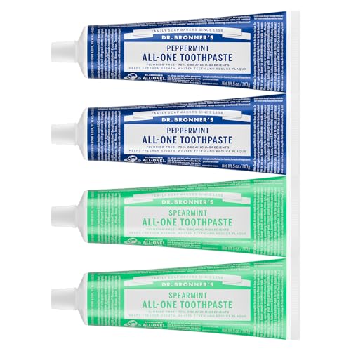 Image of Dr. Bronner's - All-One Toothpaste Variety Pack - Peppermint & Spearmint, 70% Organic Ingredients, Fluoride-Free, Helps Freshen Breath, Vegan (5oz, 4-Pack)