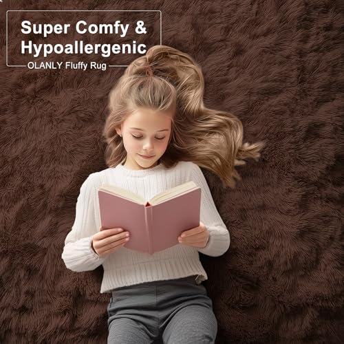 OLANLY 2x4 Machine Washable Runner Rugs for Hallway, Soft Fluffy Shaggy Bedside Rugs for Bedroom, Living Room, Indoor Floor Carpet for Kids Girls and Boys, Nursery Rooms, Home Decor Aesthetic, Coffee