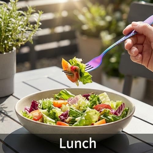 Image of 8.1 inch Rainbow Dinner Forks Set of 5 with Checks Printed Handle ? Durable Stainless Steel Silverware, Mirror Polished Forks, Perfect for Home, Restaurant, and Gifting