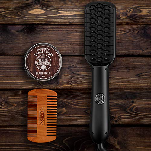 Beard Straightener Brush For Men - Fast Heating Ceramic And Ionic Mens Beard Straightener Comb - Heated Beard Brush - Includes Wooden Beard Comb & Beard Balm With Sandalwood Scent #TOP4