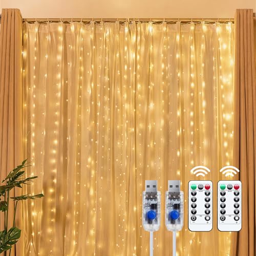 Brightown 300 LED Fairy Curtain Lights, 9.8ft x 9.8ft String Lights, USB Plug in 8 Lighting Modes Christmas String Hanging Lights with Remote for Bedroom Indoor Outdoor Party Xmas Warm White 2 Pack