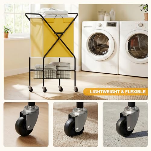 Image of Convenient Laundry Basket with Wheels,36 inch High Easy Rolling Laundry Cart with Wheels,Heavy Duty Dirty Clothes Laundry Hamper with Handles Removable Bag for Seniors,Folding Metal Frame /Yellow /98L