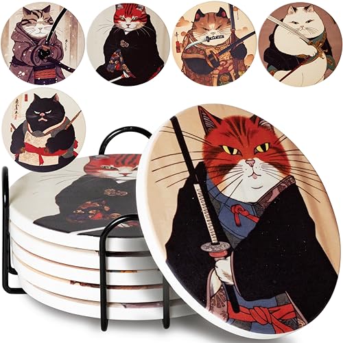 Ninja Cat Coasters - Anime Cat Decor - Set of 6 Drink Coasters with Holder, Funny Coasters, Anime...