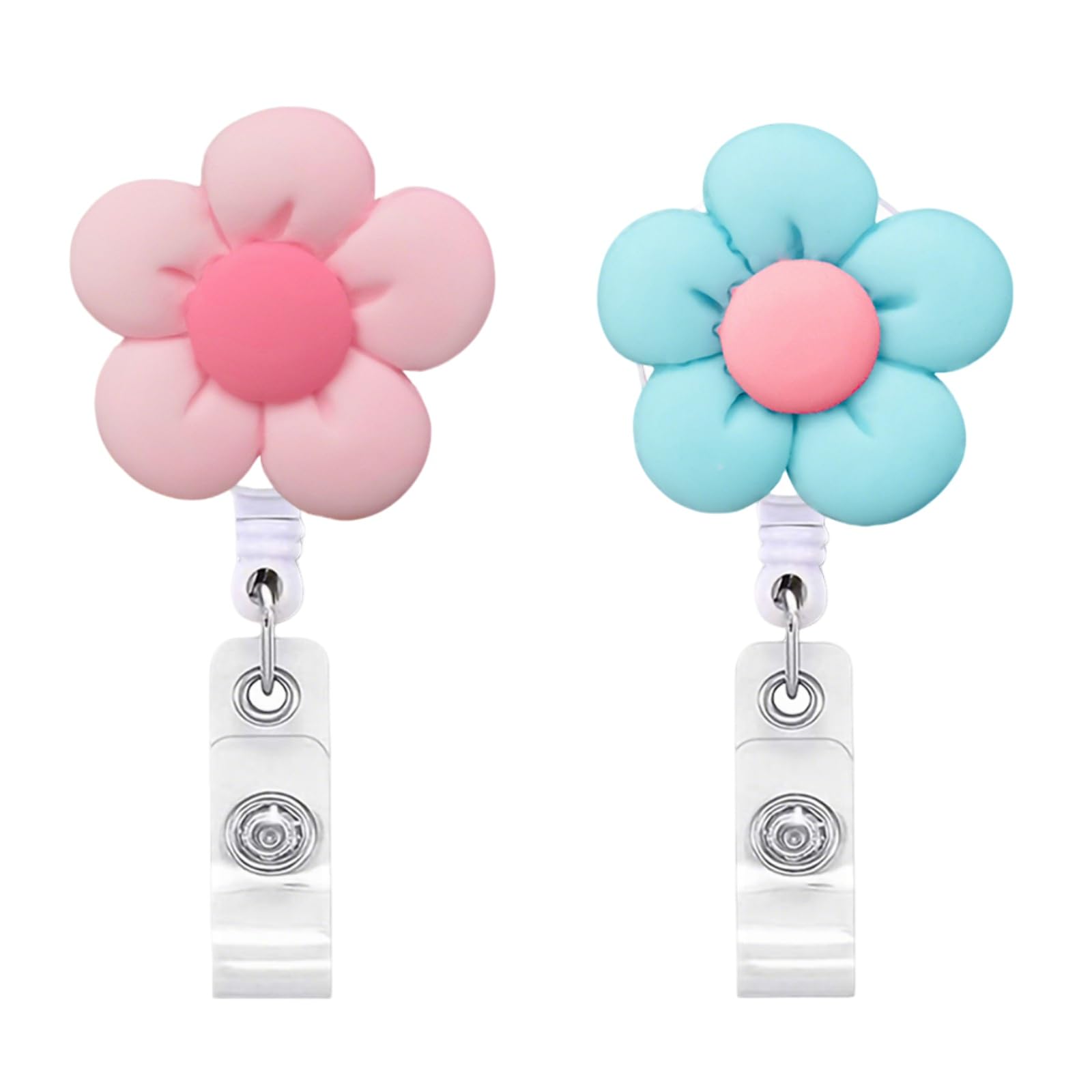 JLEivvi 2 Pack Flower Badge Reel Sturdy Identification Holder Retractable Blue and Pink Badge Reel with Clip Ideal for Office Staff Nurses and Retail Workers