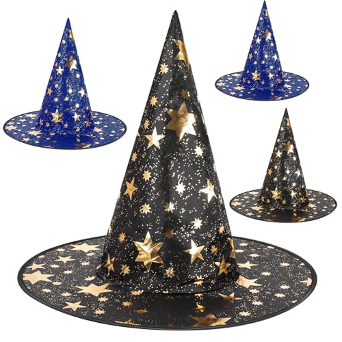 Xindinwland 4pcs Witch Hat, Witch Hats for Women, Star Print Wizard Hat for Decoration Adults Halloween Party Supplies