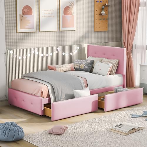 Elegante cama tapizada de 90 x 200 cm, tela de terciopelo en color rosa, con somier, respaldo y 2 cajones, cama individual que ahorra espacio para niños, adolescentes e invitados – combina comodidad y