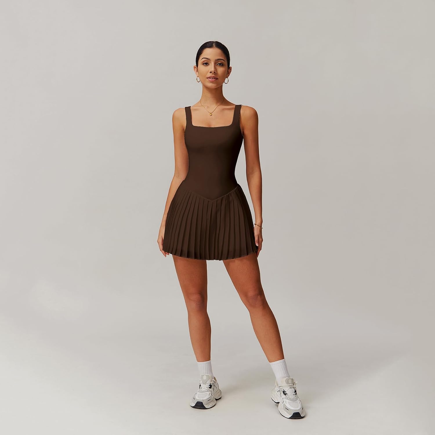 Womens Square Neck Tennis Dress Sleeveless Built in Shorts with Pockets Golf Athletic Dress