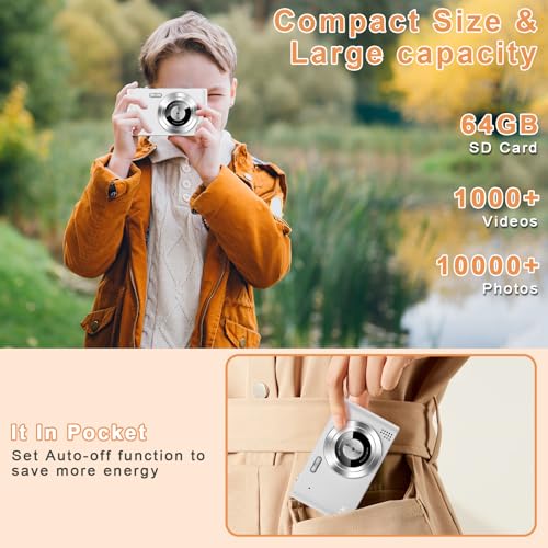 Image of Digital Camera, Camera for Kids, UHD 4K 48MP Point and Shoot Digital Cameras with 64GB SD Card and 16X Digital Zoom Anti Shake, Compact Portable Small Gift for Boys Girls Students